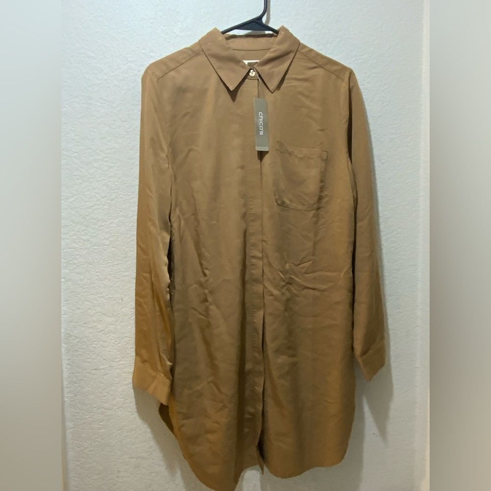 New Chicos Long Sleeve Tunic Shirt Dress Sz 1 US Medium Light Brown Button Sides